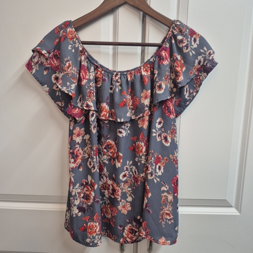 VTG Y2K Floral Off the Shoulder Ruffle Detail, Boho, Cottagecore Coquette, Large